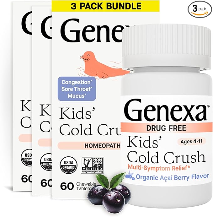 Genexa Kids' Cold Crush | Multi-Symptom Cough & Cold Relief for Children | Delicious Organic Acai Berry Flavor | Certified Organic & Non-GMO | Homeopathic Remedy Made Clean | 180 Chewable Tablets