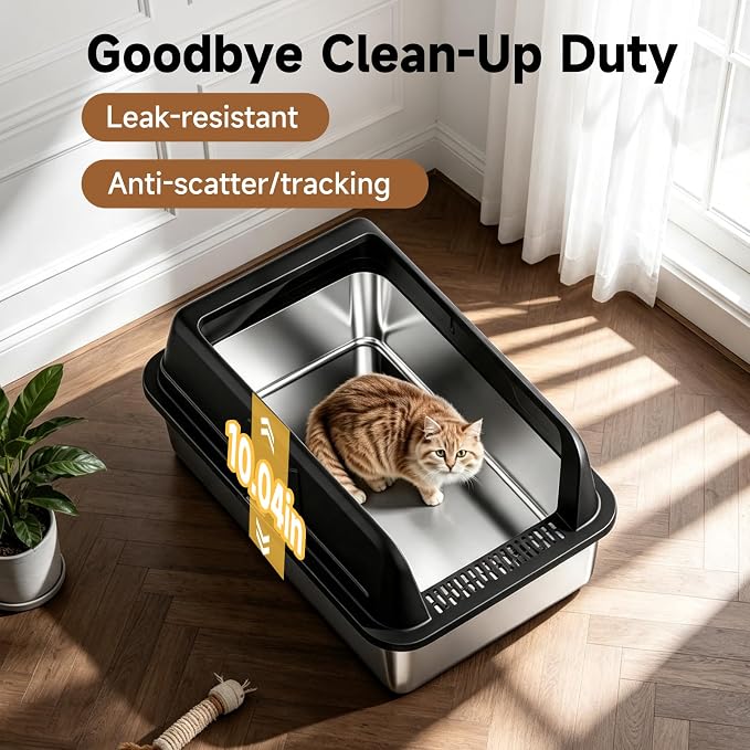 High-Sided Stainless Steel XL Cat Litter Box for Cats | High-Sided Design Prevents Urine Leakage,Non-Stick,Easy to Clean,Includes Scoop,Black