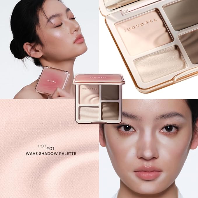 JUDYDOLL Highlight & Contour Palette, All-in-One Matte Highlighter Contour Compact, Natual Finish, Brightening Blendable Face Makeup for Cool Fair and Olive Skin (New Version 01 Wave Shadow Palette)