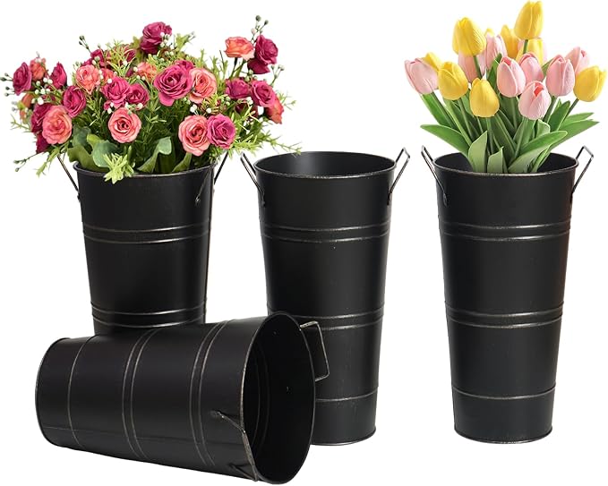 Notakia 12 Inch Large Galvanized Metal Vases Farmhouse French Flower Bucket Vases for Cut Flowers for Home Decor and Wedding Table Centerpiece Decorations (Large Blcak 4Pcs)
