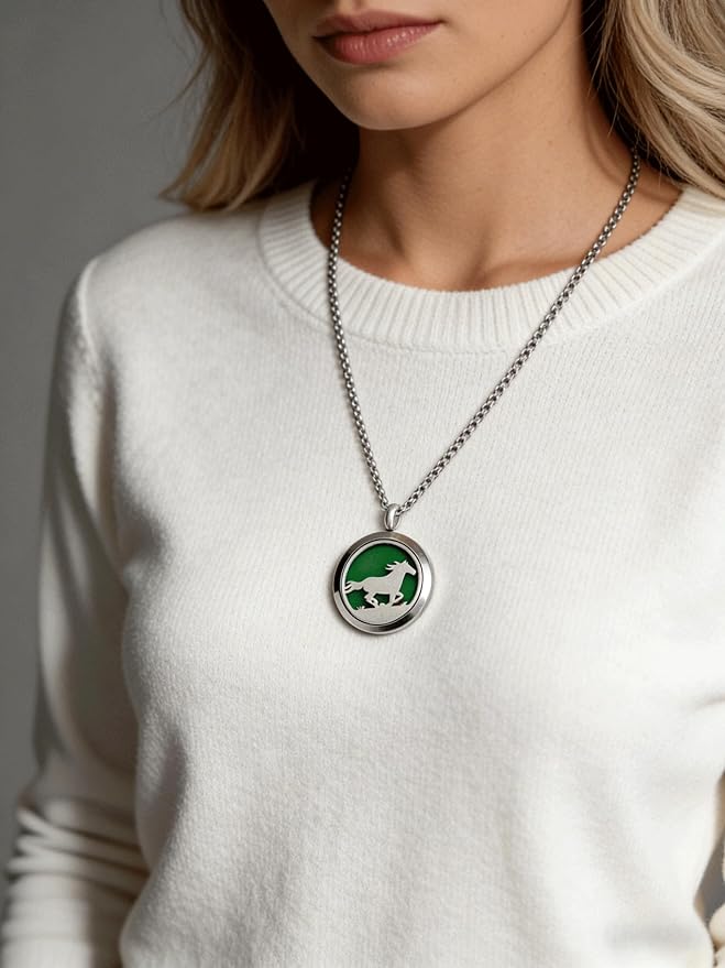 Essential Oil Diffuser Necklace,Perfume Stainless Steel Aromatherapy Horse Locket Pendant with 24" Chain & 8 Pads, Birthday Christmas Jewelry Gift for Women Men