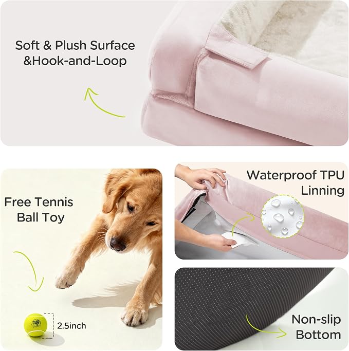 Waterproof Orthopedic Dog Bed for Extra Large Sized Dogs | Memory Foam Pet Bed Sofa with Bolster, Dog Couch with Washable Cover & Non-Slip Bottom, 42x30 Inch, Pink