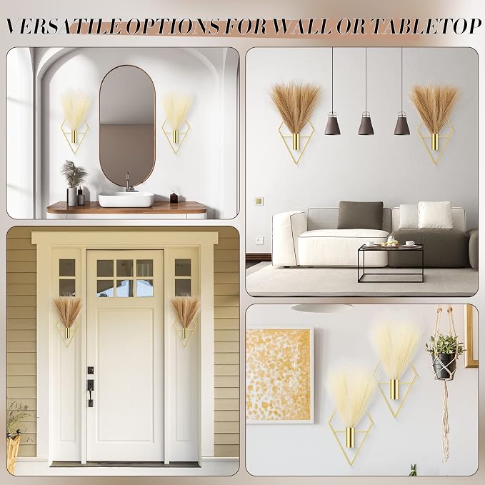 Hanaive 4 Sets Boho Wall Decor Metal Wall Art Hanging Planters with Artificial Pampas Display Modern Home Vase for Bedroom Home Office (Classic,Gold, Beige, Dark Coffee)