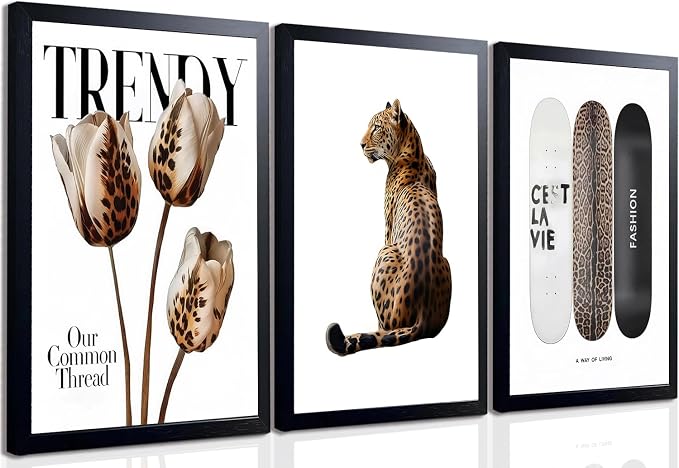 Trendy Leopard Print Wall Art Preppy Aesthetic Stylish Canvas Wall Decor Cheetah Printed Fashion Skateboard Posters for Bedroom Living Room Apartment Dorm 12x16in Black Framed