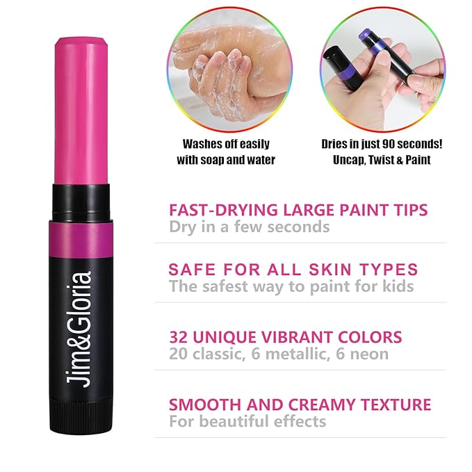 Jim&Gloria Face Paint Kit Bulk 32 Professional Face Painting Kit for Kids Party, Metallic, Neon, Classic Makeup, Facepaint Crayons, Washable Body Paint Adults, Girls Christmas Gifts Boys Crafts Toys
