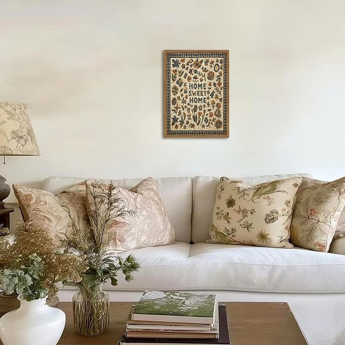 Vintage Mosaic Floral Wall Art Home Sweet Home Tile Florals Wall Decor Painting, Retro Country Boho Poster Canvas Print Picture for Living Room Bedroom 12x16 inch Wood Framed