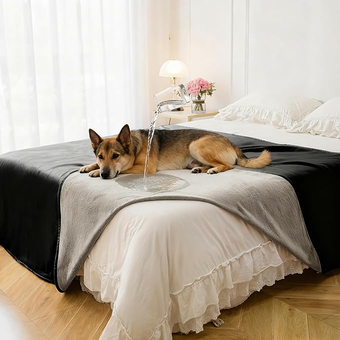 Waterproof Blanket - Reversible Dog Throw as Furniture Protector | Soft Velvet & Flannel, TPU Leak-Proof Liner, Machine Washable, Fits Couch and Bed, 82" x 108", Black/Lightgrey