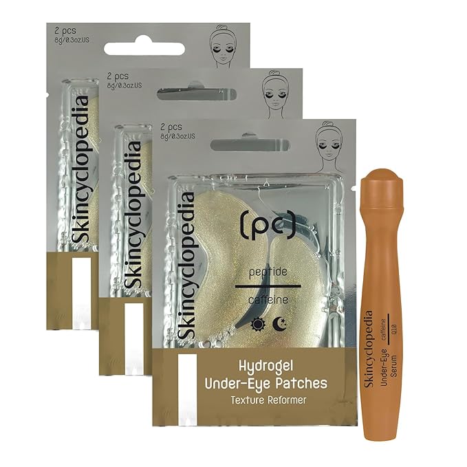 Under Eye Treatment, Roll-On + 3 Hydrogel Pads with Caffeine & Q10, Cooling Roller, Energizing Serum for Dark Circles, Puffiness Bags, Fine Lines & Wrinkles, Deep Hydration Activator.