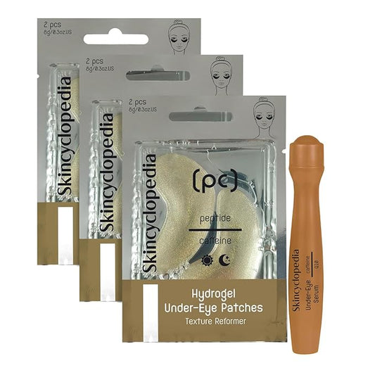 Under Eye Treatment, Roll-On + 3 Hydrogel Pads with Caffeine & Q10, Cooling Roller, Energizing Serum for Dark Circles, Puffiness Bags, Fine Lines & Wrinkles, Deep Hydration Activator.