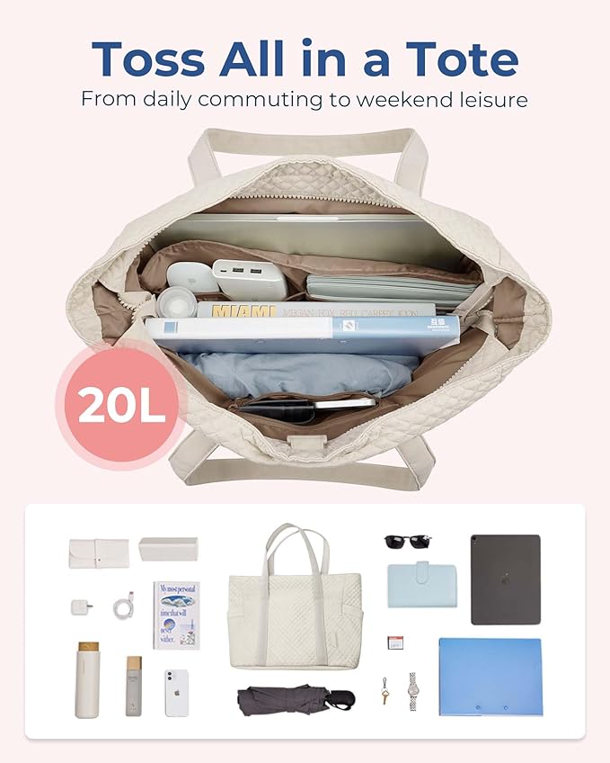 BAGSMART Crush Tote Bag for Women, 20L Puffer Work Tote with Zipper, Travel Essentials Quilted Nurse Hospital Bag