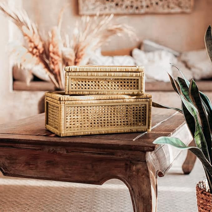 Large Handwoven Boho Rattan Display Boxes with Glass Lids Set of 2 | Rectangular Decorative Storage Bins Natural Woven Cane Home Decor Organizers (15.55" x 9.64" x 5.9" & 12.48" x 6.88" x 4.52")