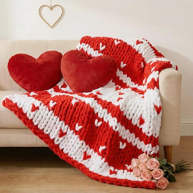 Valentine's Day Heart Chunky Knit Throw Blanket 50" x 60",Red | Large Handmade Chenille Loop Yarn Fluffy, Soft Knitted Throw, Big Cozy Thick Cable Knit Crochet Blanket, for Couch Sofa Bed