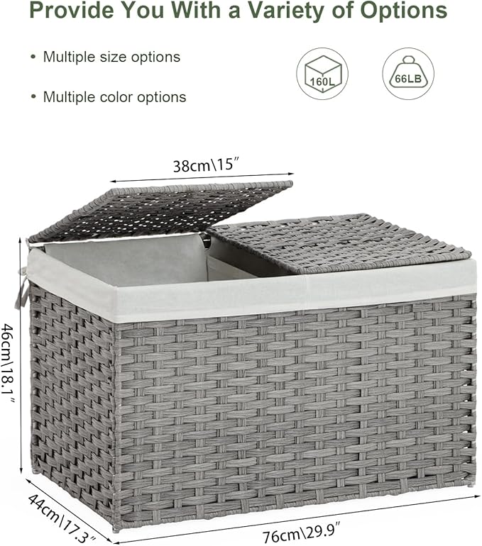 SETVSON Storage Basket with Lid Wicker Baskets for Storage, 160L Gray | Dual Lid Jumbo Blanket Storage Trunk, Divided Clothes Organizer, 2 Washable Liner Bags, Collapsible PE Rattan Bin