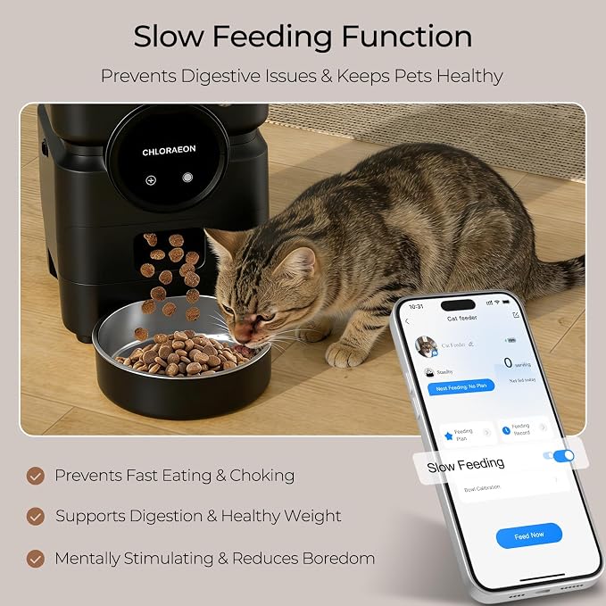 Automatic Cat Feeder for 3 Cats, 6L 5G WiFi Feeder, Slow Feed, Black | 3-bowl system with app scheduling, 15-day battery backup, stainless steel bowls, and sealed freshness protection.