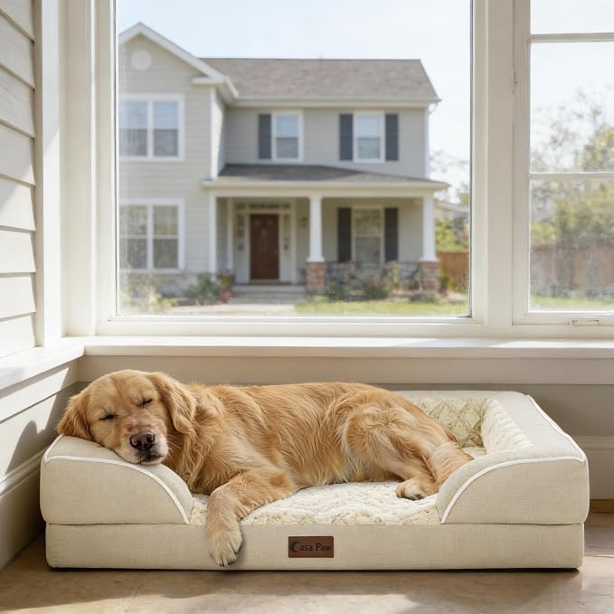 Orthopedic Washable Dog Bed for Extra Large Dogs, 48x30in, Beige | Orthopedic Foam Eases Joint Pressure, Bolsters Supports Head And Neck, Washable Pet Beds, Removable Cover, Non-Slip Bottom