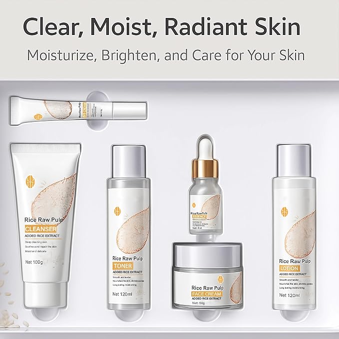 Rice Skin Care Set for Teen Girls & Women – 6-Piece Facial Care Kit with Rice Extract, Anti-Aging, Moisturizing & Nourishing Teenage Skincare Gift Set for Glass Glowing, Hydrated Skin