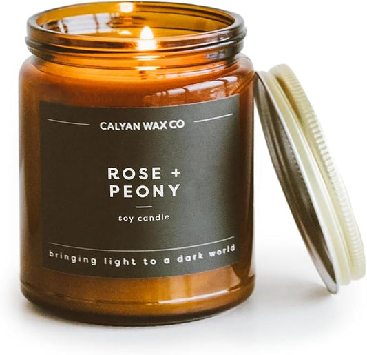 Calyan Wax Co. Rose & Peony Scented Candle - 57 Hour Burn - Luxury Clean Soy Wax Candles - Long Lasting Amber Glass Jar Candle for Home - 7.2oz