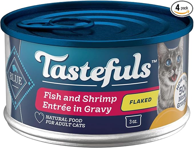 Blue Buffalo Tastefuls Fish & Shrimp Flaked Wet Cat Food, 3 oz, 4 ct | Real Fish First, Entrée in Gravy, No Chicken By-Product, Corn, Wheat, or Soy