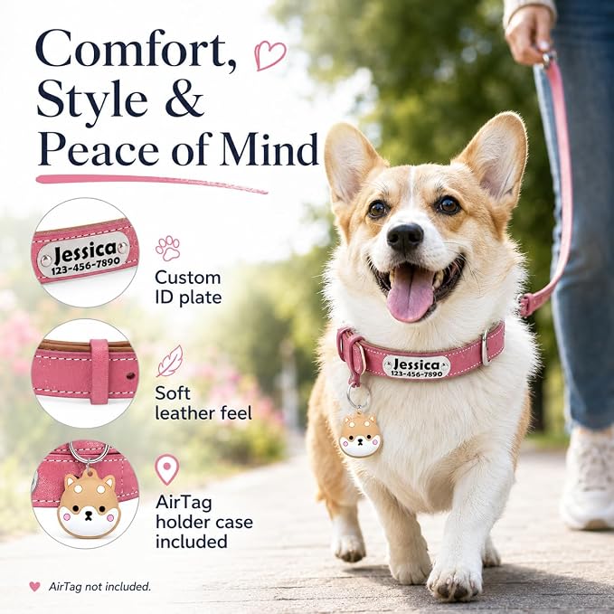 Personalized Leather Dog Collar with AirTag Holder Case, Custom Engraved Nameplate Dog Collar, Adjustable Genuine Leather Soft Padded Dog ID Collar for X-Small Small Medium Large X-Large Dogs-Pink-S