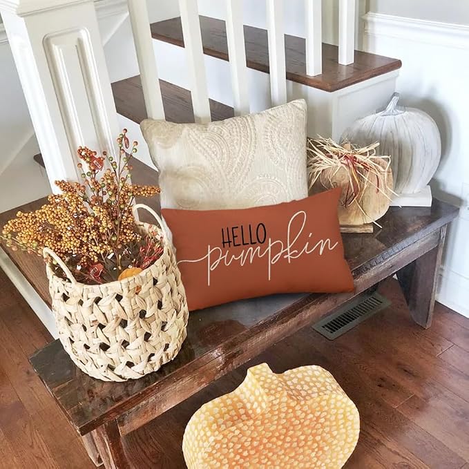 RABUSOFA Fall Pillow Covers 12x20 Inch,Rust Autumn Hello Pumpkin Pillows Decorative Throw Pillows,Lumbar Outdoor Thanksgiving Cushion Cover Farmhosue Fall Decor for Bedroom Couch Sofa