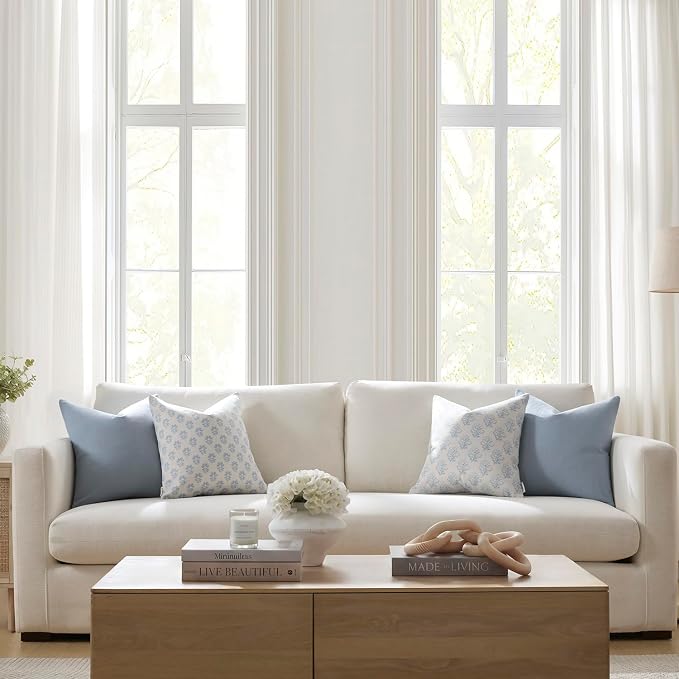 Meekio Set of 2 Powder Blue Throw Pillow Covers 18x18, Modern Farmhouse Linen Blend Decorative Pillow Covers for Couch Sofa Bed, Neutral Home Decor