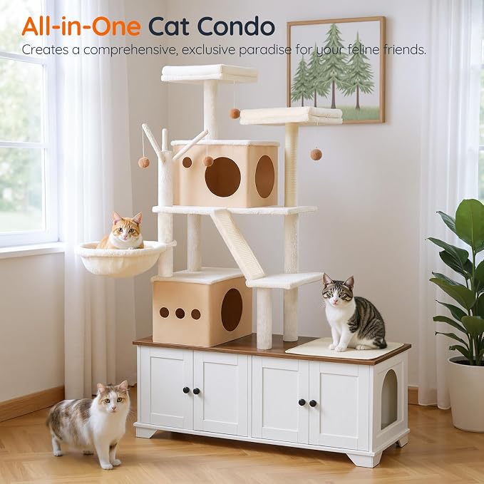 HOOBRO Double Litter Box Enclosure with Cat Tree, 45.3" L x 17.7" W x 68.9" H All-in-One Modern Cat Tower with Bed, Hidden Litter Box Enclosure Furniture, with Hammock, Sisal Posts, White WH22MZ03