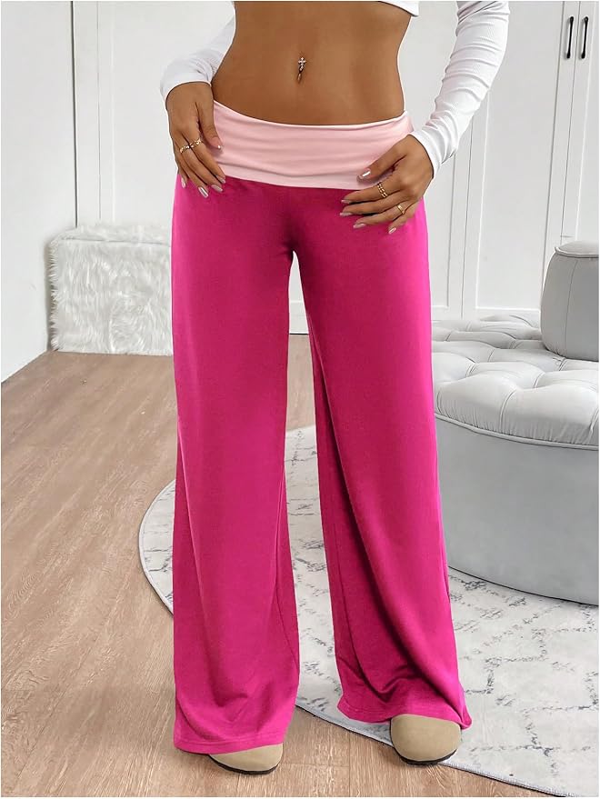 SOLY HUX Women's Sweatpants Color Block Low Rise Fold Over Waist Baggy Wide Leg Pants