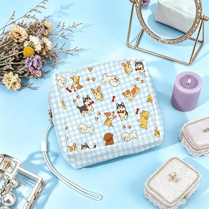 Dog Period Pouch Bags 5.12 x 5.12 x 1.57 Inch Sanitary Napkin Storage Bag with Zipper Cute Portable Reusable Waterproof Polyester Menstrual Pad Pouch First Period Gifts for Women Daily Use