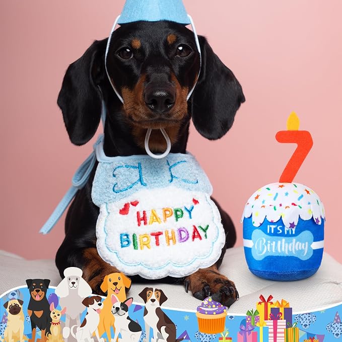 Dansydaisy Dog Birthday Cake Toy Squeaky Plush Gift,7th,Blue