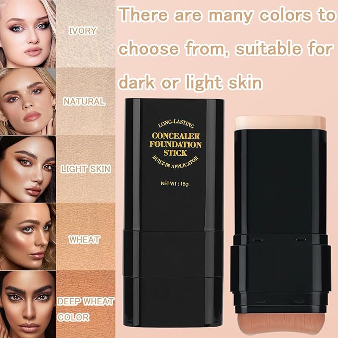 Concealer Foundation Stick, 2 in 1 Dual-Ended Long-Lasting Concealer Stick with Brush, Full Coverage for Beauty Face Makeup
