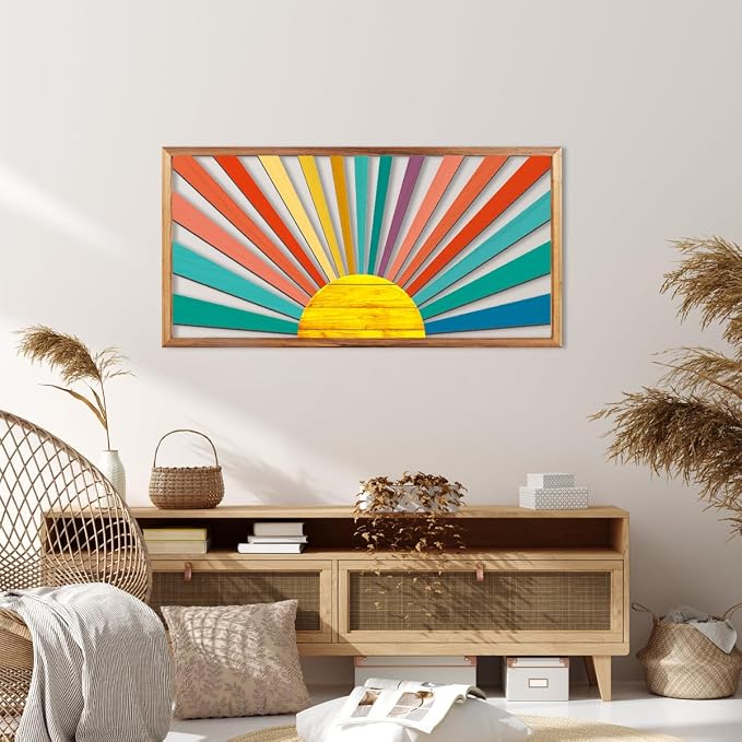 IARTTOP Large Boho Sun Wall Art Framed Wooden Art Wall Decor Colorful Rainbow Geometric Line Sunshine Artwork for Living Room Bedroom Office 16x32 Inch