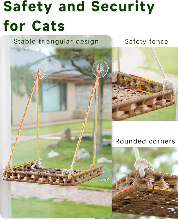SETVSON Cat Window Perch Cat Window Hammock Bed, PE Rattan, Natural | 360° Clear View Bird Watching Seat, Sunbathing Shelf with 4 Suction Cups, 2.3 Inch Fence, Removable Washable Cushion