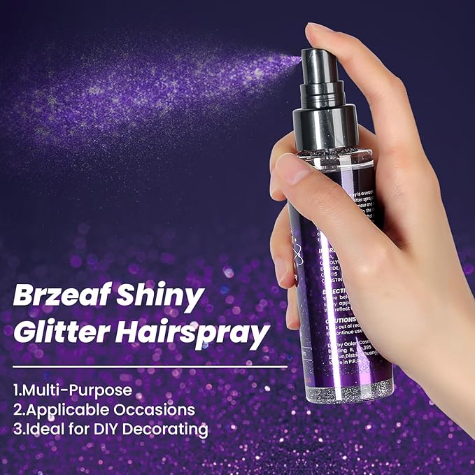 Brzeaf Waterproof Glitter Spray, Christmas Glitter Spray for Hair and Body, Long-Lasting & Quick-Drying, Shiny Glitter Hairspray, Waterproof Body Glitter, for Stage Makeup and Festival Rave