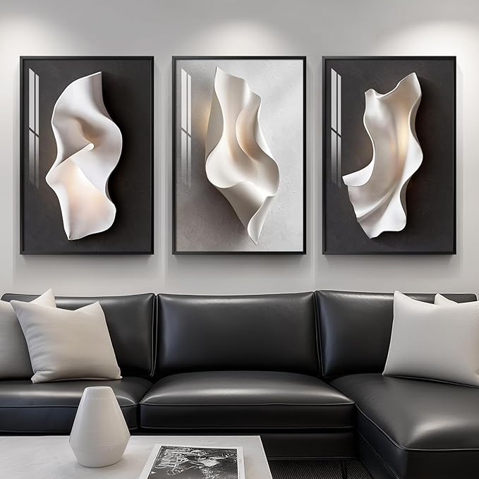 Framed Abstract Black and White Wall Art for Living Room, Large 3 Piece Modern Bright Style Artworks for Wall, Luxury Minimalist Painting Prints for Dining Room Hallway Office Wall Decor, 24x36 Inch