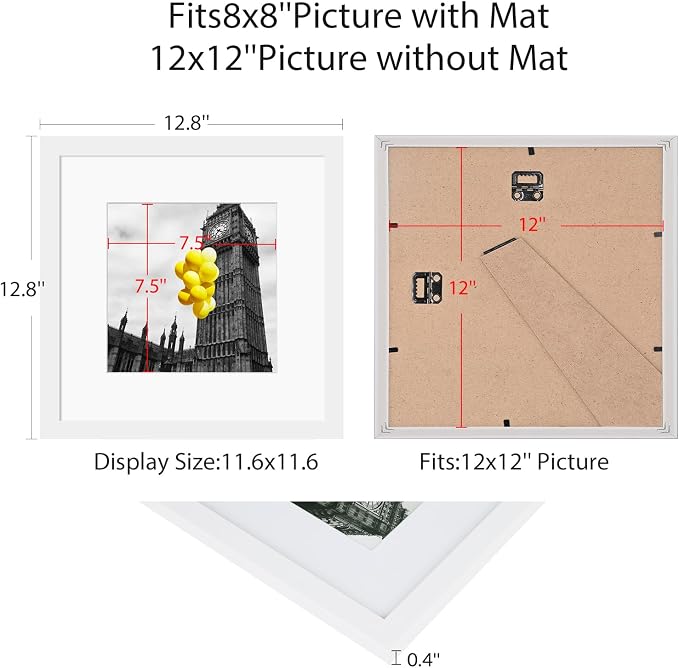 12x12 Picture Frame Set of 9, Display Pictures 8x8 with Mat or 12x12 without Mat, Multi Collage Gallery Square Photo Frames for Wall or Tabletop, White