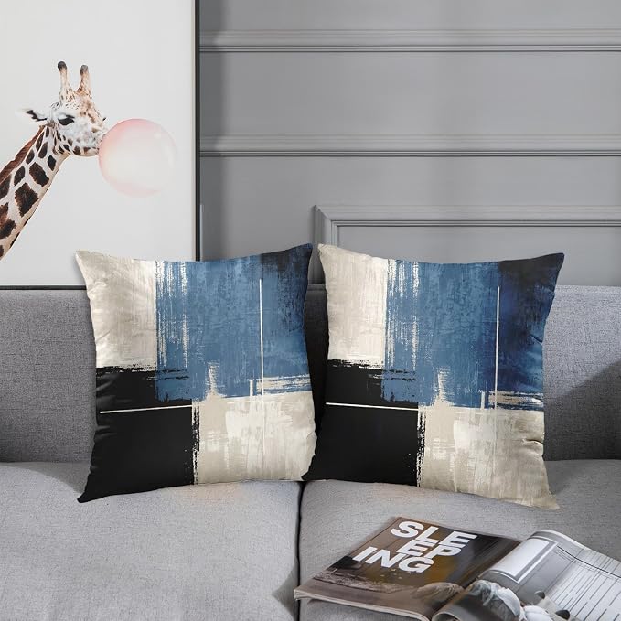 Emvency Throw Pillow Covers Set of 2, 18 x 18 Inch, Abstract Modern Navy | Beige Painting Outdoor Decorative Square Pillow Cases Couch Cushion Case for Couch Bed Sofa Living Room Home Decor