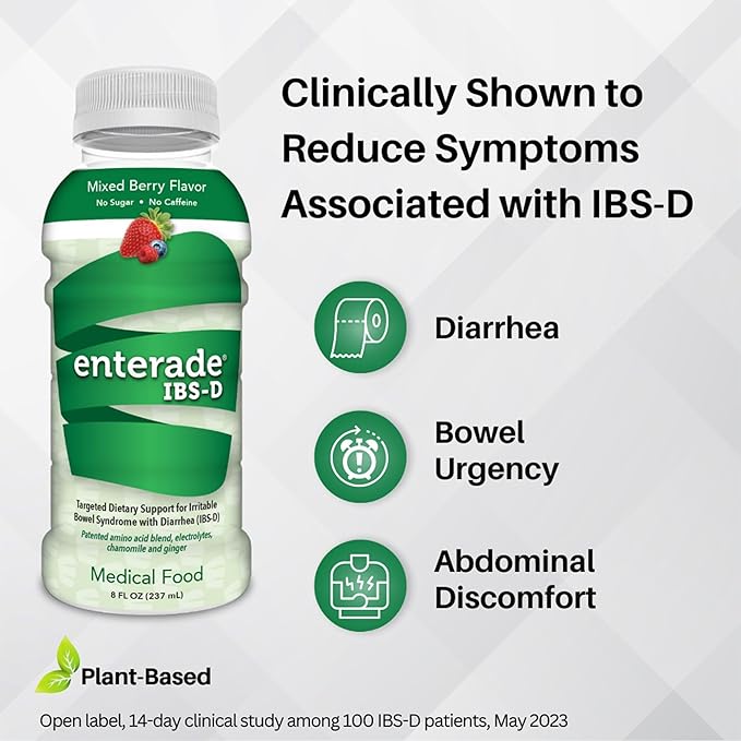 enterade IBS-D Beverage for IBS Relief of Symptoms from Irritable Bowel Syndrome with Diarrhea (IBS-D), Mixed Berry (12 Bottles, 8oz Each)