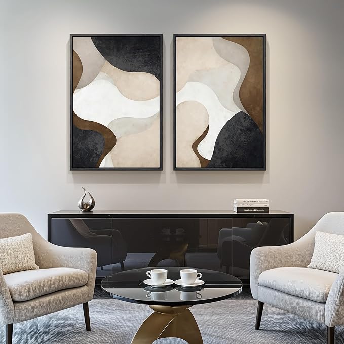 Large Framed Neutral Abstract Minimalist Wall Art Set of 2, Modern Canvas Prints Paintings Artwork for Walls, Black Beige Brown Abstract Art Pictures for Living Room Dining Bedroom Wall Decor 24x36 In