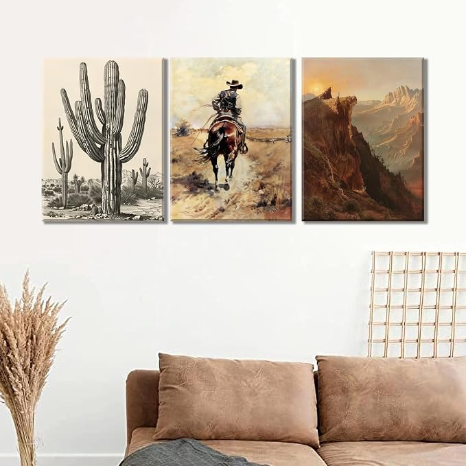 Western Cowboy Wall Art Set of 3, Vintage Southwestern Wall Decor Painting, Western Ranch Desert Farmhouse Poster Canvas Prints Aesthetic Pictures for Bathroom Bedroom Living Room Framed 12x16 inch