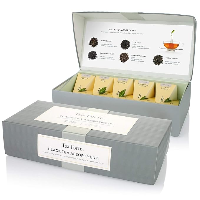 Tea Forte Premium Petite Presentation Box Gift Set Sampler, 10 Count, 2 of Each Blend Individually Wrapped Handcrafted Pyramid Infuser Bags, Black Tea