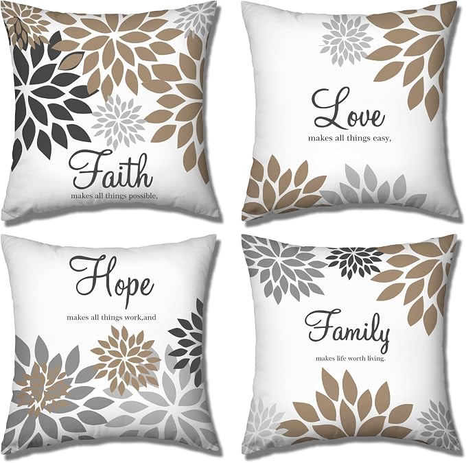 Tatuo 4 Pcs Flower Pillow Covers Square Summer Pillow Cushion Cases 18 x 18 Inch Family Faith Hope Love Words Decorative Spring Winter Cushion Case for Bed Couch Sofa Living Room(Brown Series)