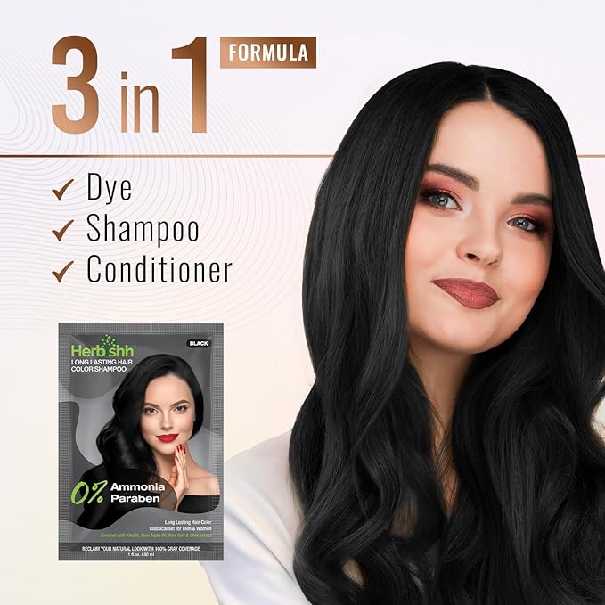 Herbishh Travel Pack Hair Dye Color Shampoo in Sachet + 1pc Argan Hair Mask Sachet (Black, 2 sachets)