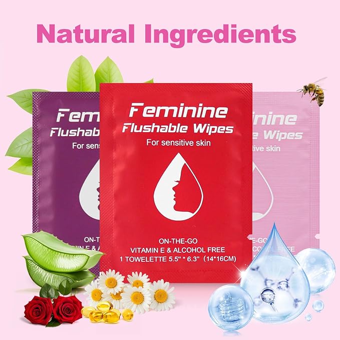 twoworld 150 Feminine Wipes Flushable Travel Individually Wrapped | Travel Wipes for Women,Feminine Care Wet Wipes Travel Size Vaginal Wipes for Adult,Girl and Homeless(Chamomile,Rose,Unscent)