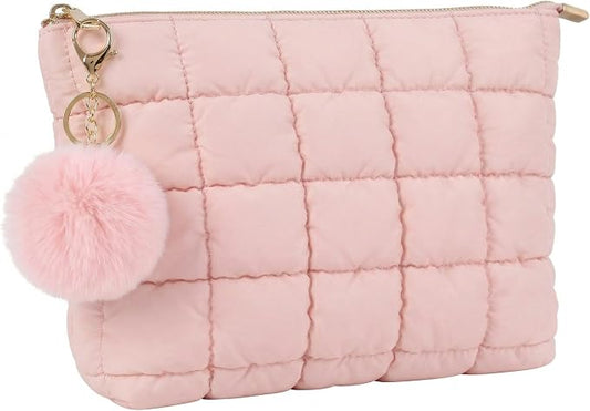 Pink Puffer Quilted Makeup Bag for Women with Furry Keychains - 10" Roomy Puffy Cosmetic Pouch, Travel Toiletry Organizer Bag (PI-Fu-PI)