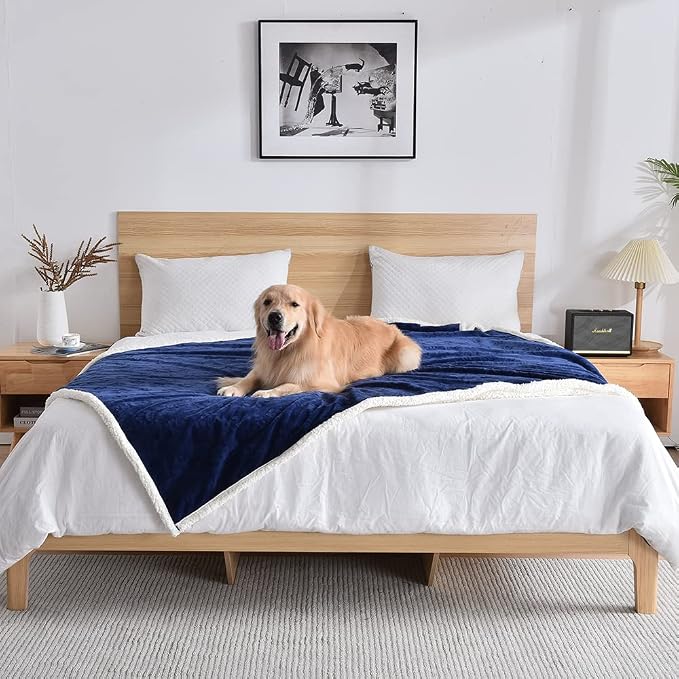 Dog Blankets for Large Dogs - Waterproof Cat Blanket Washable - Sherpa Fleece Puppy Blanket, Soft Plush Reversible Throw Protector for Bed Couch Car Sofa, 60"X80", Navy Blue