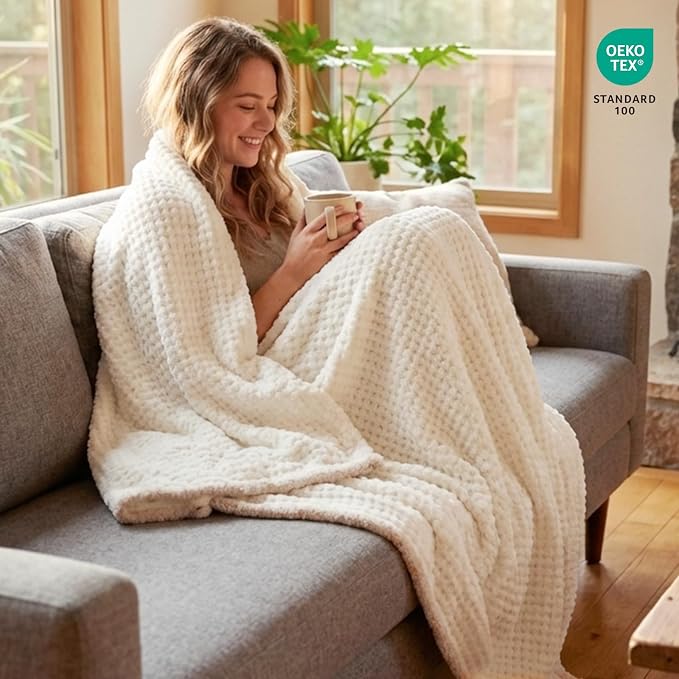 Snuggle Sac Ultra Soft Waffle Throw Blanket for Couch Bed Sofa 50x60 inches, Reversible Cream Blanket Microfiber Fluffy Fuzzy Cozy Knit Throws for Women Mothers Birthday Gifts