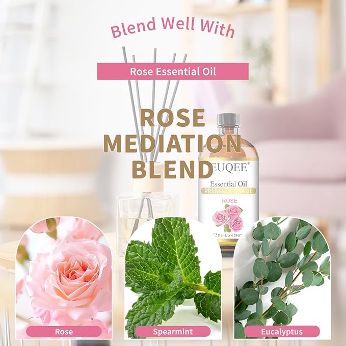 EUQEE Rose Essential Oil 118mL Large Capacity Rose Oil Premium Essential Oil with Glass Dropper for Diffuser, Soap & Candle Making, Aromatherapy - 4Fl. Oz
