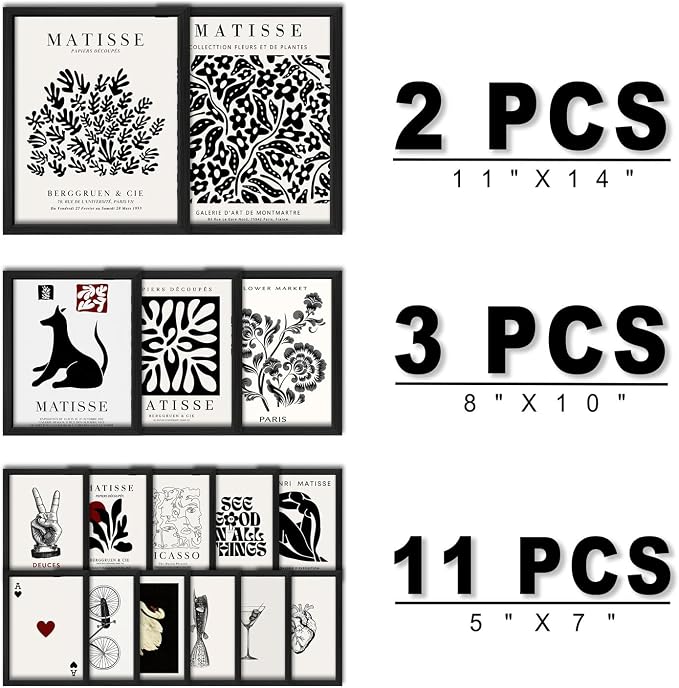 16 PCS Framed Black and White Wall Art Decor, Matisse Abstract Wall Prints for Bedroom, Gallery Wall Frame Set, Minimalist Posters for Living Room Aesthetic, Collage Kit, Dorm Home Artwork
