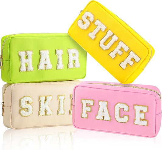 Preppy Makeup Bags Chenille Letter Stuff Bag Nylon Cosmetic Pouch Cases with Zipper for Women Travel Toiletry(Vibrant Color,Classic,4 Pcs)