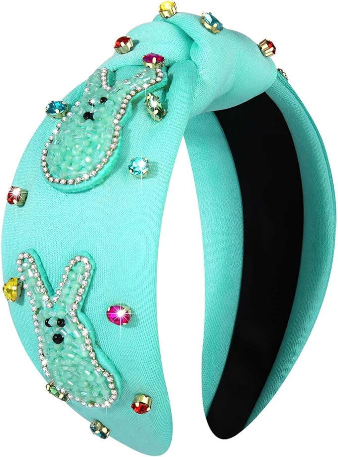 mokkia Easter Headbands Beaded Rabbit Bunny Headband for Women Pink Spring Knotted Headband Easter Hair Accessories Gifts